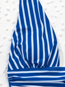 SHEIN Swim 條紋圖案褶邊深V連體泳衣 - 藏蓝色 - 查看 4