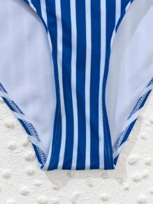 SHEIN Swim 條紋圖案褶邊深V連體泳衣 - 藏蓝色 - 查看 6