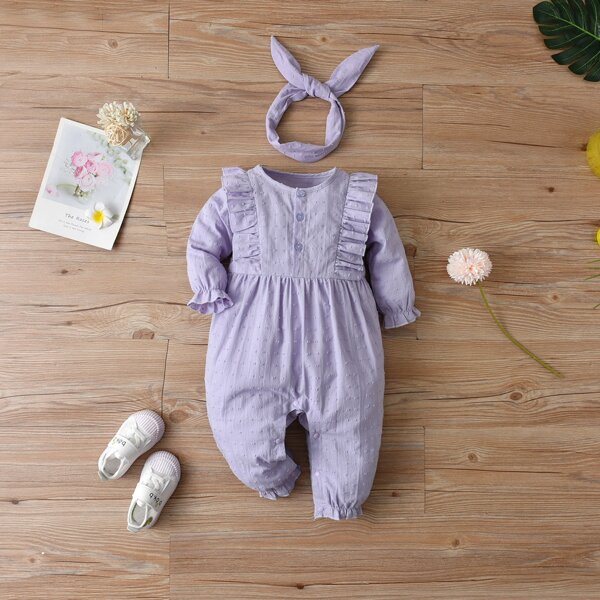

Baby Solid Swiss Dot Ruffle Trim Jumpsuit & Headband, Lilac purple