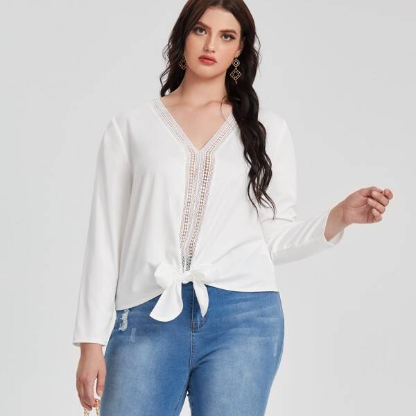 

Plus Contrast Lace Knot Hem Blouse, White