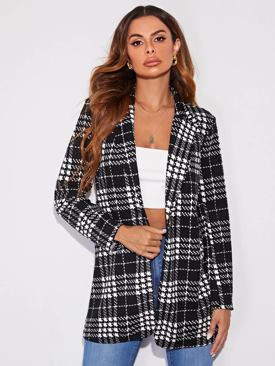 SHEIN Blazer de cuadros con botón - Blanco y Negro - Ver 1