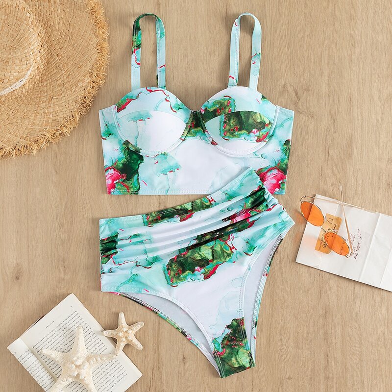 

Marble Print Push Up High Waisted Bikini Swimsuit, Multicolor