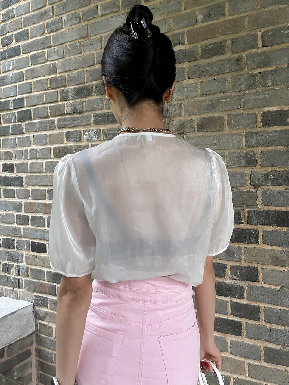 Dual Pocket Puff Sleeve Sheer Blouse