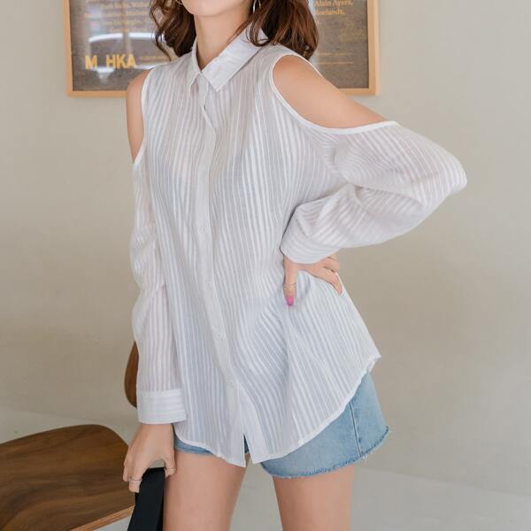 

Striped Print Cold Shoulder Blouse, White
