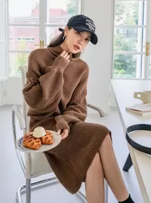 DAZY High Neck Dolman Sleeve Jumper & Knit Skirt - Brown - View 4