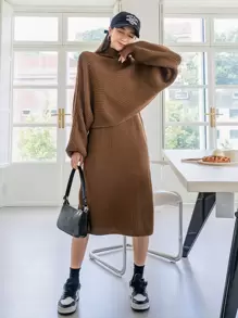 DAZY High Neck Dolman Sleeve Jumper & Knit Skirt - Brown - View 1