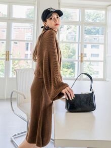 DAZY High Neck Dolman Sleeve Jumper & Knit Skirt - Brown - View 5