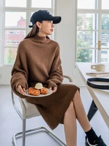 DAZY High Neck Dolman Sleeve Jumper & Knit Skirt - Brown - View 3