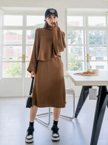 DAZY High Neck Dolman Sleeve Jumper & Knit Skirt - Brown - View 6