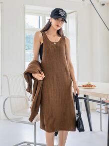 DAZY High Neck Dolman Sleeve Jumper & Knit Skirt - Brown - View 7