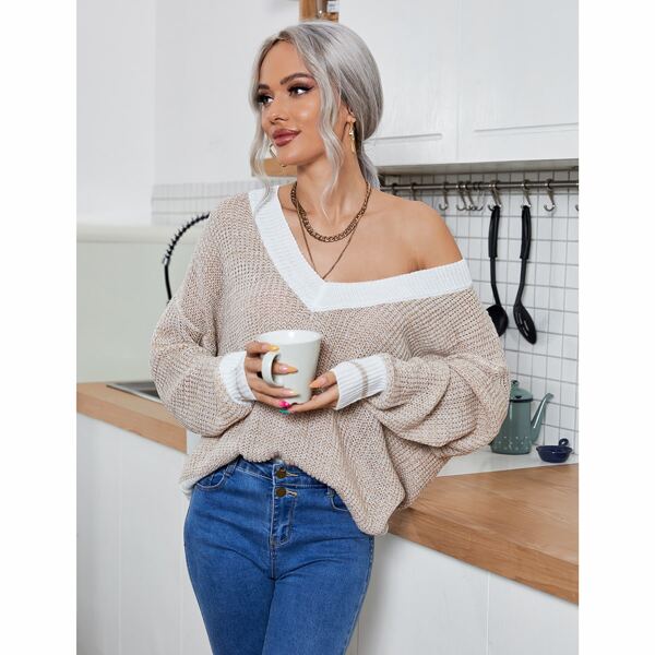 

Color Block Drop Shoulder Sweater, Apricot