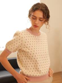 Knit Mix 优雅女士时尚针织法式通勤T恤，菱形领口设计，简约复古撞色宽松版型，适合春秋季穿着，随机图案，适合情人节、返校季、秋冬季女装，也适合圣诞节、感恩节和新年等场合。夏季休闲款 - 米色 - 查看 4