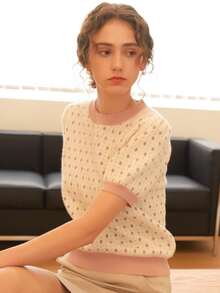 Knit Mix 优雅女士时尚针织法式通勤T恤，菱形领口设计，简约复古撞色宽松版型，适合春秋季穿着，随机图案，适合情人节、返校季、秋冬季女装，也适合圣诞节、感恩节和新年等场合。夏季休闲款 - 米色 - 查看 6