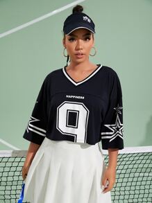 SHEIN Coolane 大碼星星和字母圖案T恤和百褶半身裙 - 藍白色 - 查看 5