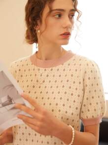 Knit Mix 优雅女士时尚针织法式通勤T恤，菱形领口设计，简约复古撞色宽松版型，适合春秋季穿着，随机图案，适合情人节、返校季、秋冬季女装，也适合圣诞节、感恩节和新年等场合。夏季休闲款 - 米色 - 查看 7