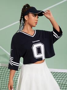 SHEIN Coolane 大碼星星和字母圖案T恤和百褶半身裙 - 藍白色 - 查看 4