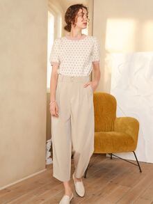 Knit Mix 优雅女士时尚针织法式通勤T恤，菱形领口设计，简约复古撞色宽松版型，适合春秋季穿着，随机图案，适合情人节、返校季、秋冬季女装，也适合圣诞节、感恩节和新年等场合。夏季休闲款 - 米色 - 查看 8