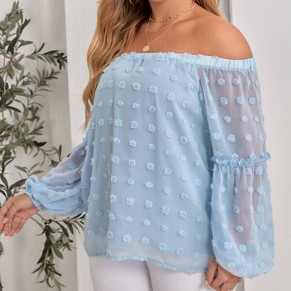 

Plus Swiss Dot Off The Shoulder Bishop Sleeve Blouse, Baby blue