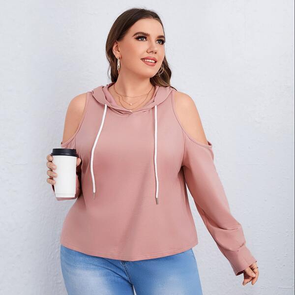 

Plus Cold Shoulder Drawstring Hooded Sweatshirt, Dusty pink