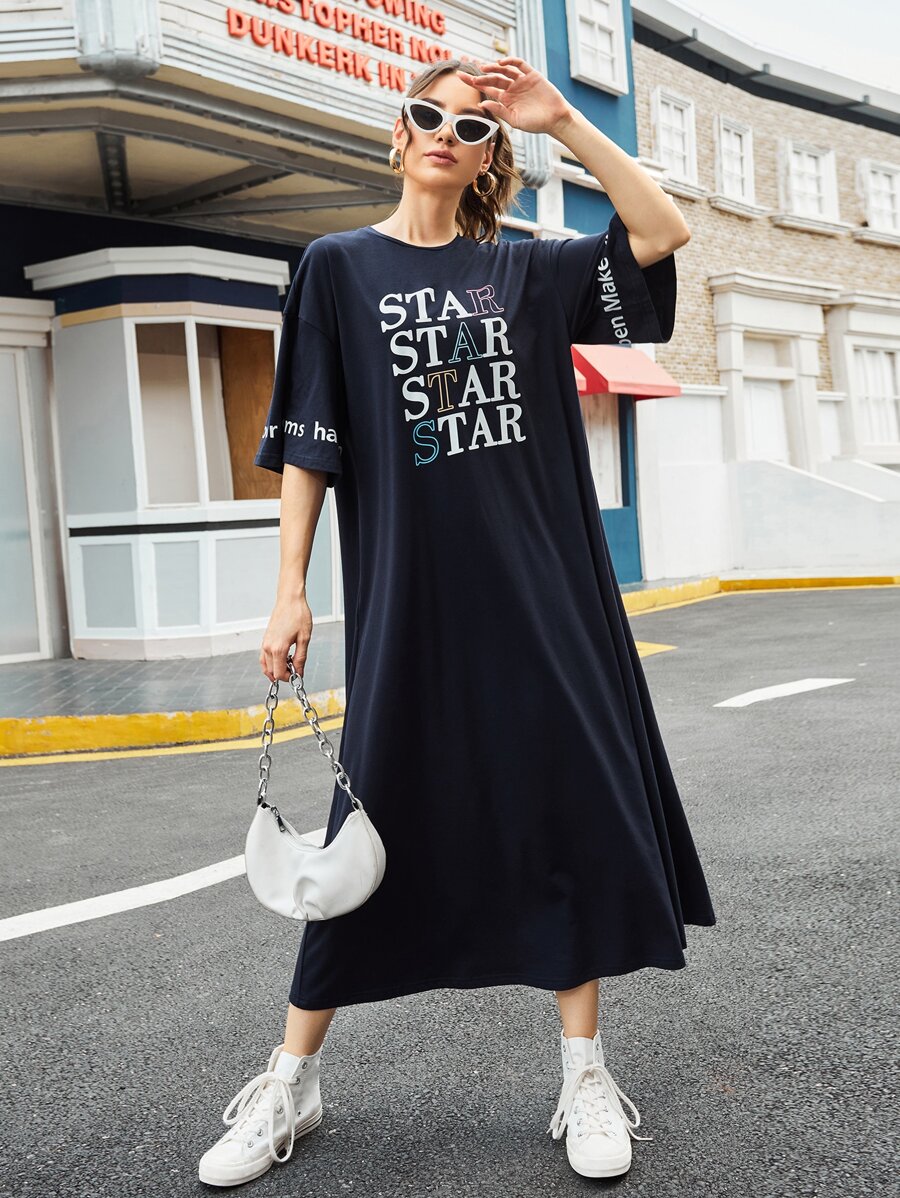 Mulvari Letter Graphic Drop Shoulder Dress - Navy Blue - View 1