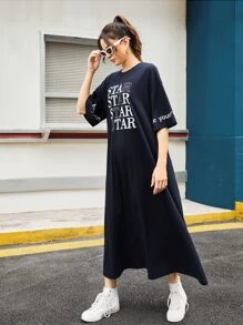 Mulvari Letter Graphic Drop Shoulder Dress - Navy Blue - View 3