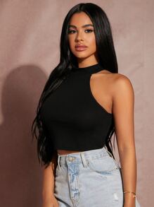 SHEIN SXY Solid Rib-knit Halter Crop Top - Black - View 4
