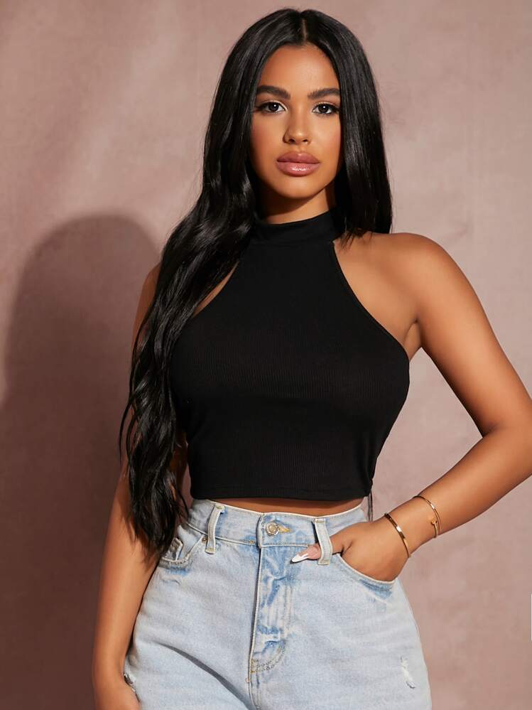 SHEIN SXY Solid Rib-knit Halter Crop Top | SHEIN UK
