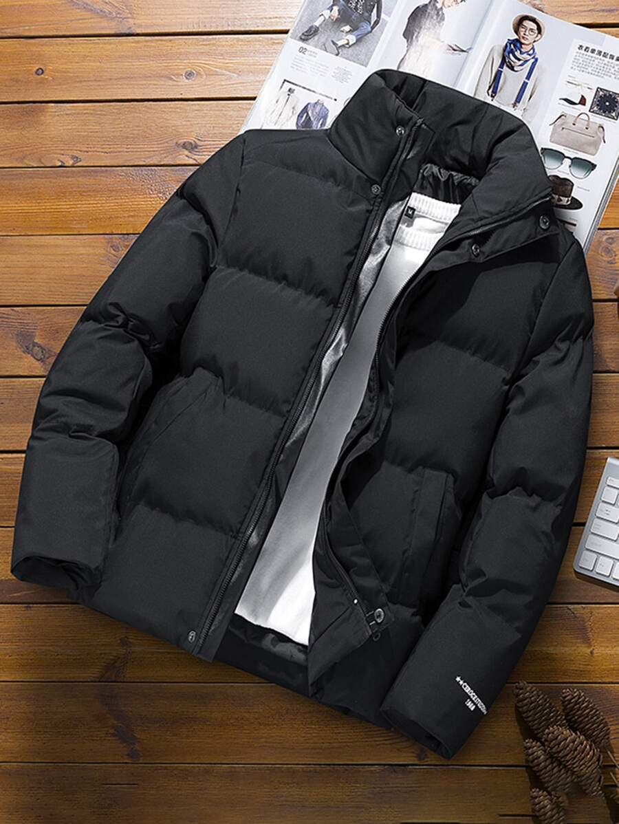 Manfinity Men Letter Graphic Zip Up Snap Button Padded Coat Without Top - Black - View 1