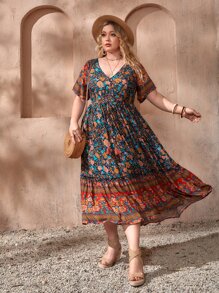SHEIN VCAY Vestido con estampado floral con fleco con nudo bajo con fruncido - Multicolor - Ver 1