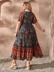 SHEIN VCAY Vestido con estampado floral con fleco con nudo bajo con fruncido - Multicolor - Ver 2