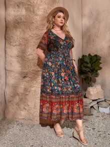 SHEIN VCAY Vestido con estampado floral con fleco con nudo bajo con fruncido - Multicolor - Ver 3