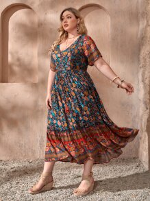 SHEIN VCAY Vestido con estampado floral con fleco con nudo bajo con fruncido - Multicolor - Ver 4