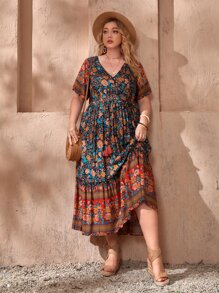 SHEIN VCAY Vestido con estampado floral con fleco con nudo bajo con fruncido - Multicolor - Ver 5