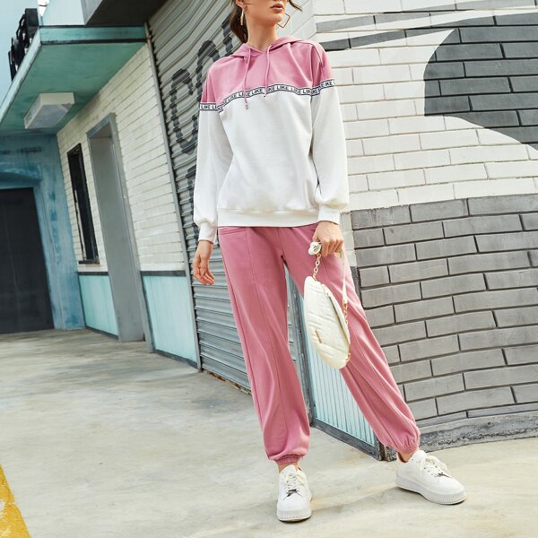 

Two Tone Contrast Letter Tape Drawstring Hoodie & Sweatpants, Multicolor