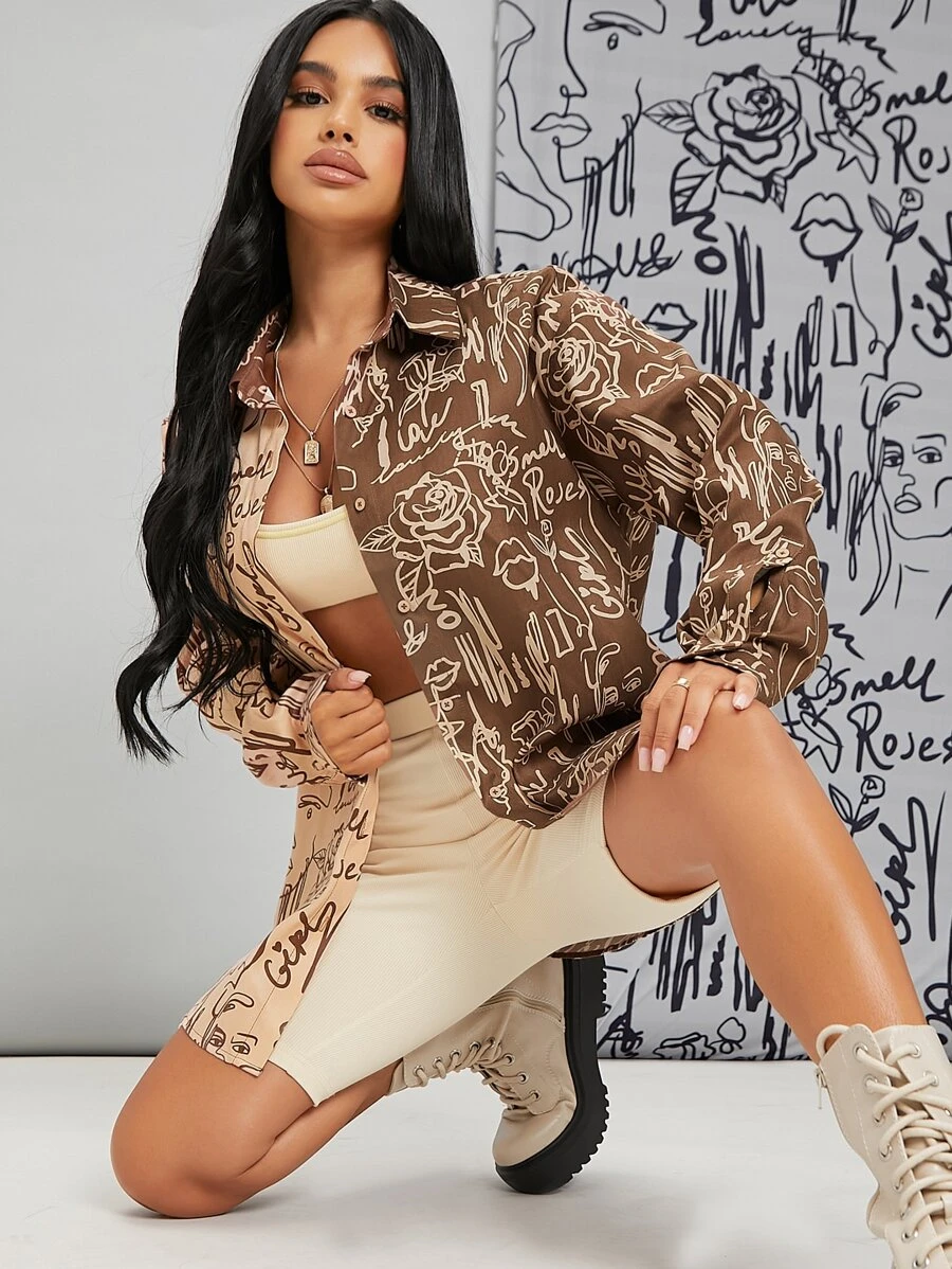 SHEIN SXY Floral & Letter Graphic Two Tone Blouse - Multicolor - View 1