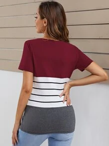 SHEIN Maternidad Camiseta de cuello V de rayas de color combinado - Multicolor - Ver 2