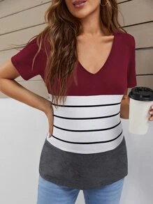 SHEIN Maternidad Camiseta de cuello V de rayas de color combinado - Multicolor - Ver 4
