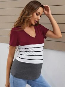 SHEIN Maternidad Camiseta de cuello V de rayas de color combinado - Multicolor - Ver 5