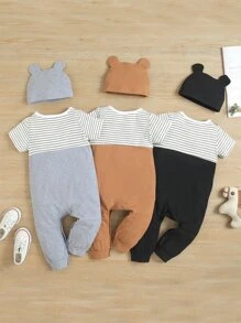 Đứa bé trai Thiết kế tai 3D Sọc Và Đồ họa Hoạt hình 1 Áo liền quần Với 1 Mũ - màu đen - Xem 3