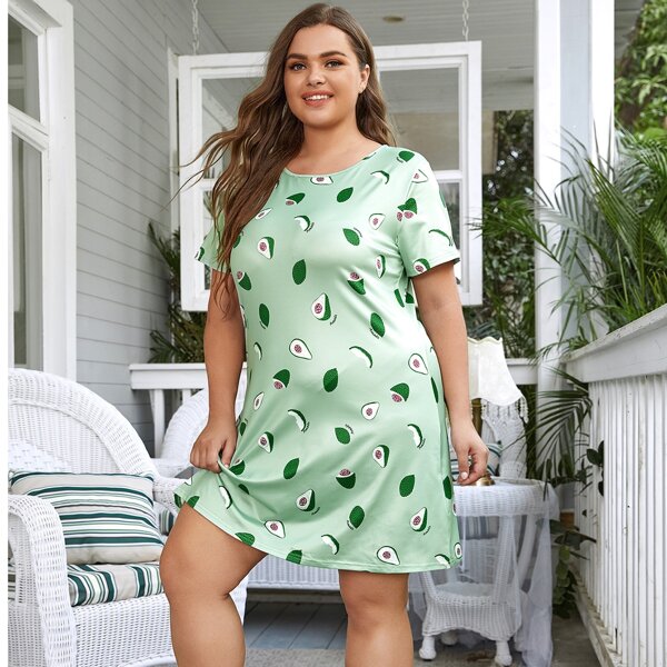 

Plus Letter And Fruit Print Night Dress, Mint green