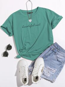 SHEIN EZwear Camiseta con estampado de slogan - Verde - Ver 1