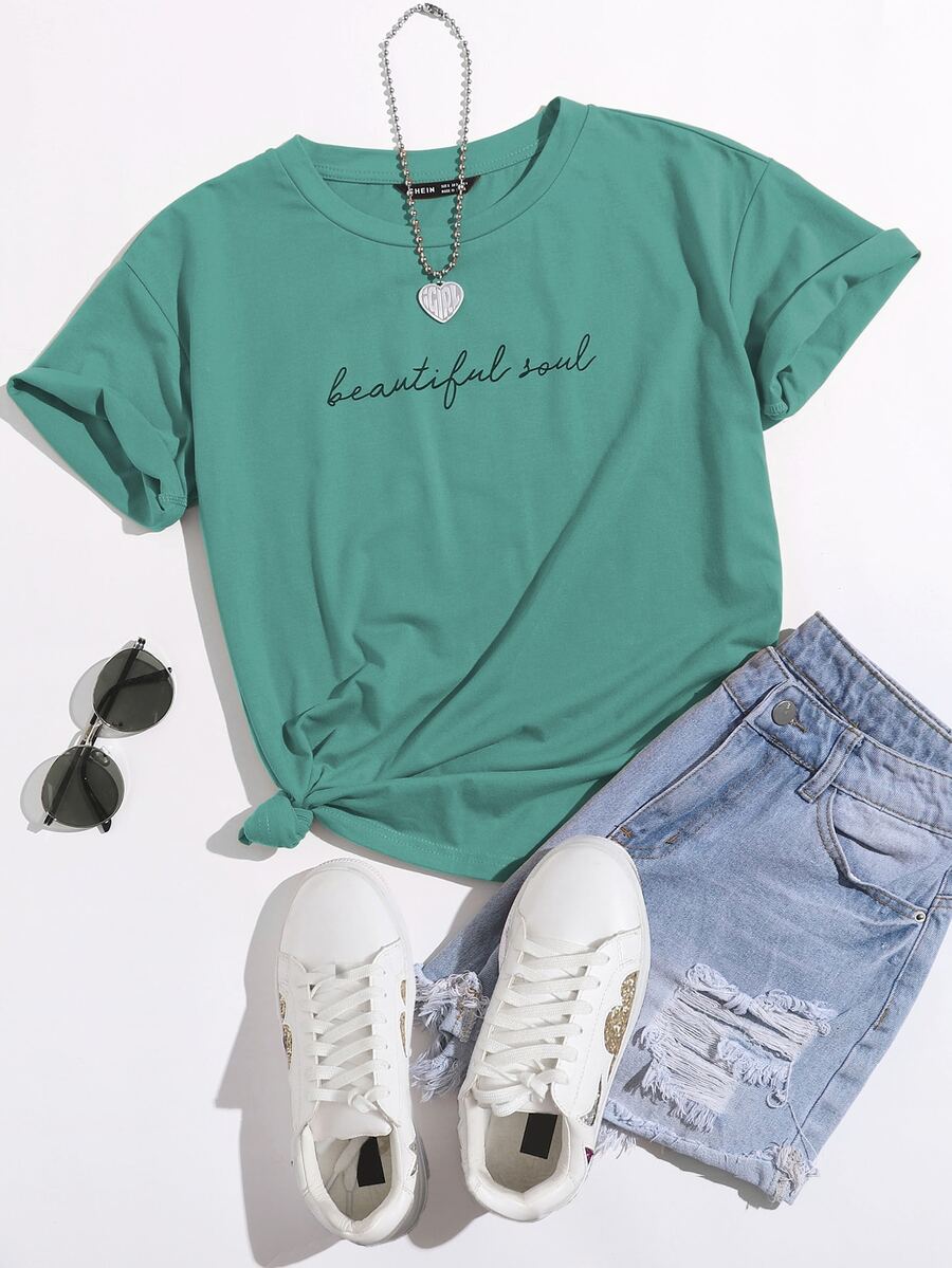 SHEIN EZwear Camiseta con estampado de slogan - Verde - Ver 1