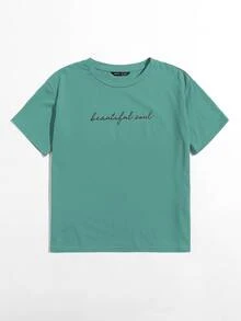 SHEIN EZwear Camiseta con estampado de slogan - Verde - Ver 3