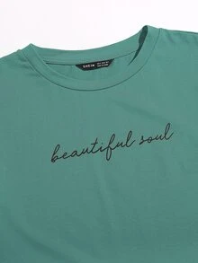 SHEIN EZwear Camiseta con estampado de slogan - Verde - Ver 4