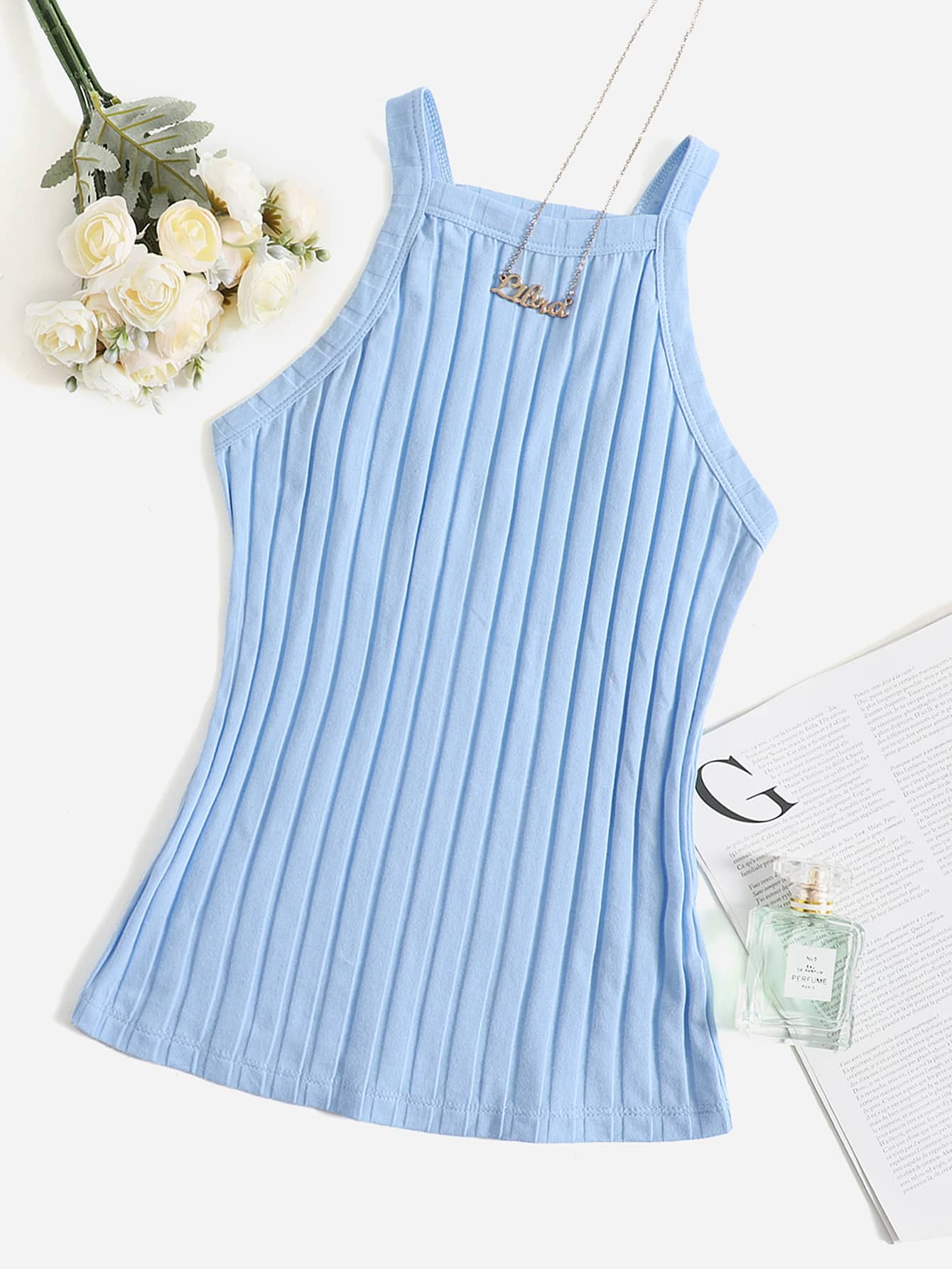 SHEIN EZwear Top de tirantes tejido de canalé - Celeste - Ver 1