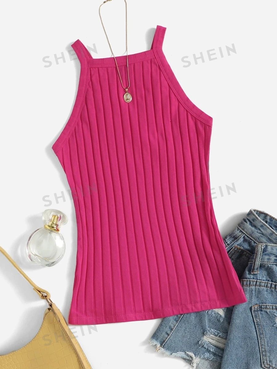 SHEIN EZwear Top cu tricot din coaste - Roz fierbinte - Vizualizare 1