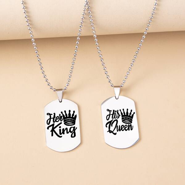 

2pcs Couple Letter Graphic Geometric Charm Necklace, Silver