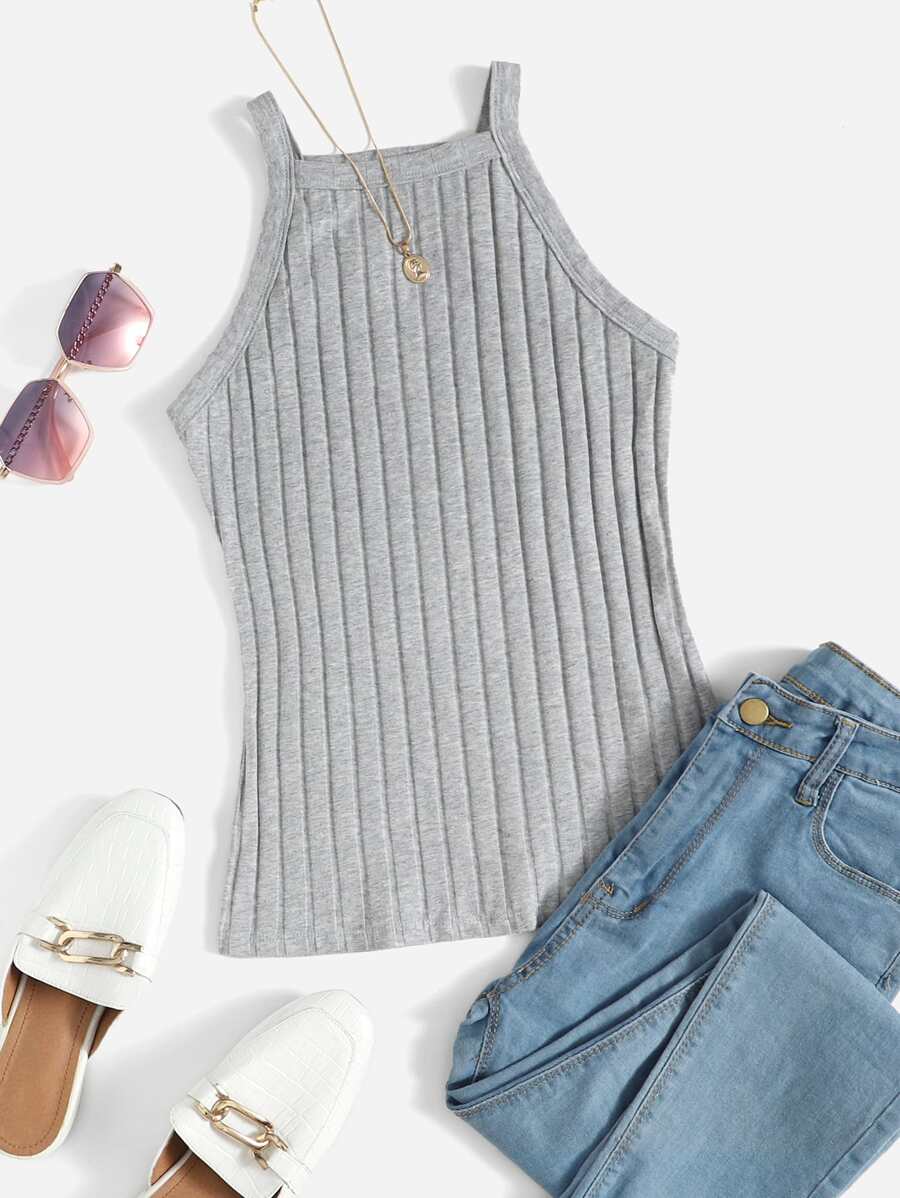 SHEIN EZwear 羅紋針織吊帶上衣 - 淺灰色 - 查看 1