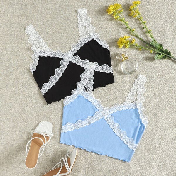 

2 Pack Contrast Lace Cami Top, Multicolor