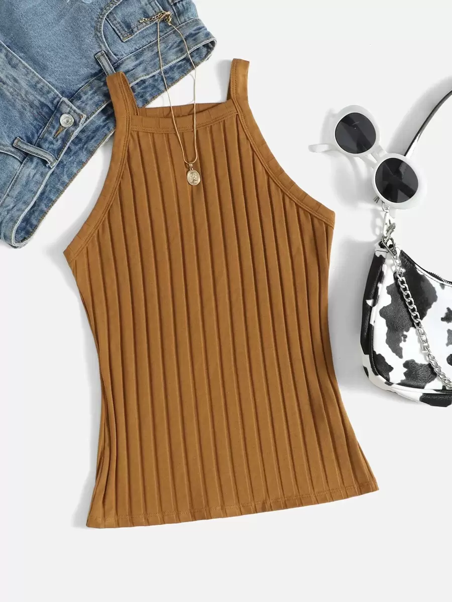 SHEIN EZwear Rib-knit Cami Top - Brown - View 1